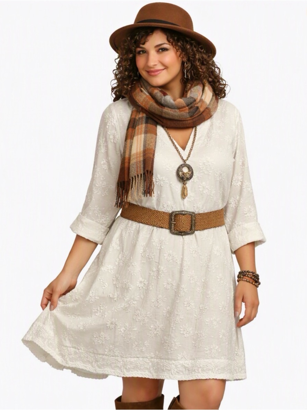 Soft Surroundings Ivory Embroidered Tunic Dress Boho Cotton Fall Style M EUC
